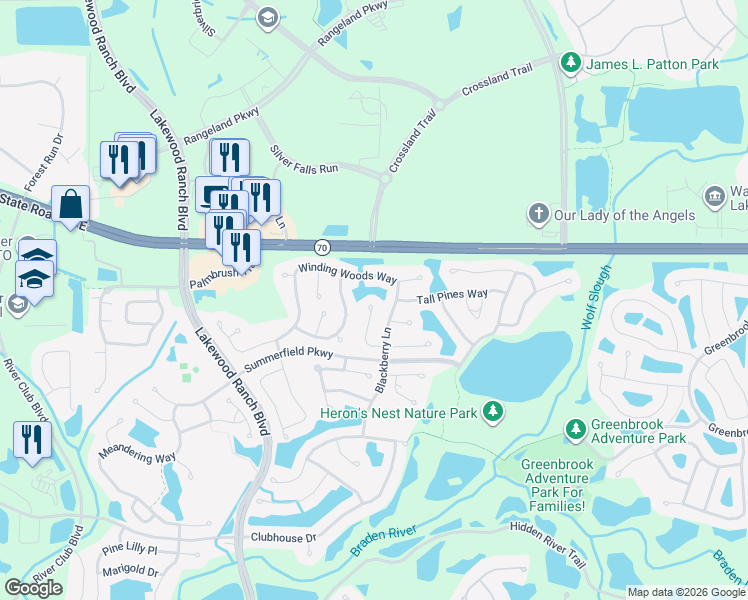 map of restaurants, bars, coffee shops, grocery stores, and more near 12205 Hollybush Terrace in Lakewood Ranch