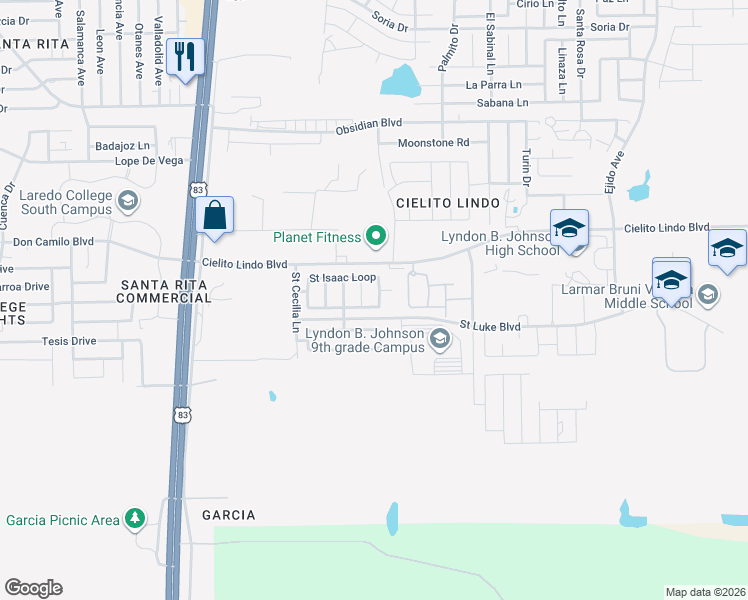 map of restaurants, bars, coffee shops, grocery stores, and more near 3066 Saint Pius Lane in Laredo