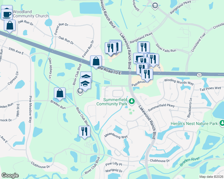 map of restaurants, bars, coffee shops, grocery stores, and more near 11266 Beebalm Circle in Bradenton