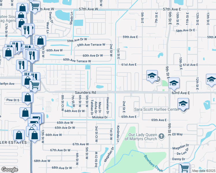 map of restaurants, bars, coffee shops, grocery stores, and more near 9 Apple Avenue in Bradenton