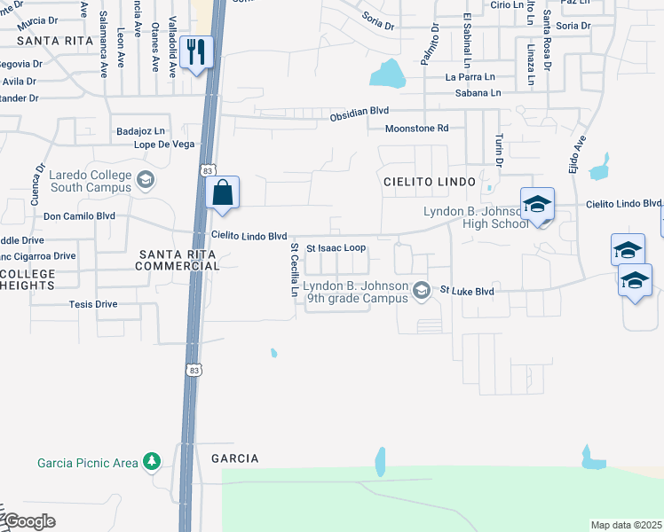 map of restaurants, bars, coffee shops, grocery stores, and more near 3066 Saint Gerard Lane in Laredo