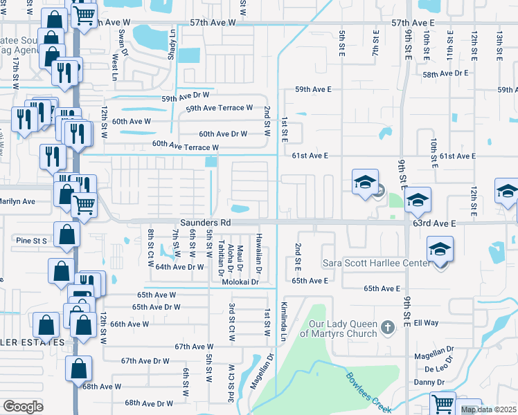 map of restaurants, bars, coffee shops, grocery stores, and more near 9 Apple Avenue in Bradenton