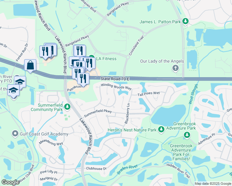 map of restaurants, bars, coffee shops, grocery stores, and more near 6216 Yellow Top Drive in Lakewood Ranch