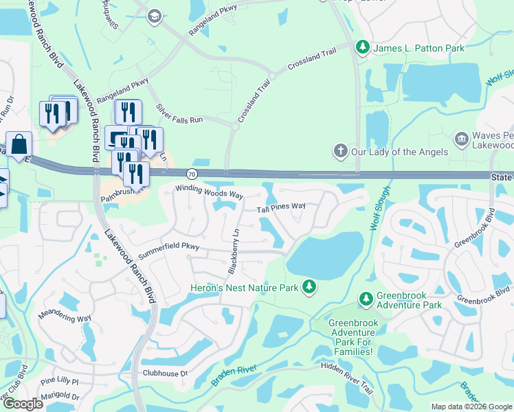 map of restaurants, bars, coffee shops, grocery stores, and more near 12306 Winding Woods Way in Lakewood Ranch