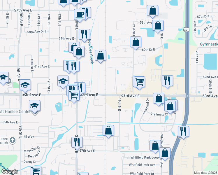 map of restaurants, bars, coffee shops, grocery stores, and more near 6420 19th Street East in Sarasota