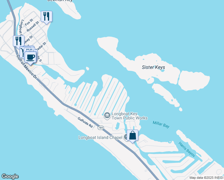 map of restaurants, bars, coffee shops, grocery stores, and more near 718 Lyons Lane in Longboat Key