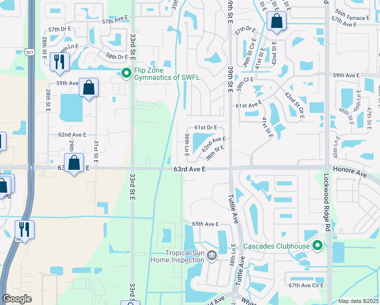 map of restaurants, bars, coffee shops, grocery stores, and more near 6141 36th Lane East in Bradenton