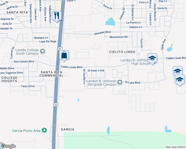 map of restaurants, bars, coffee shops, grocery stores, and more near 3066 Saint Gerard Lane in Laredo