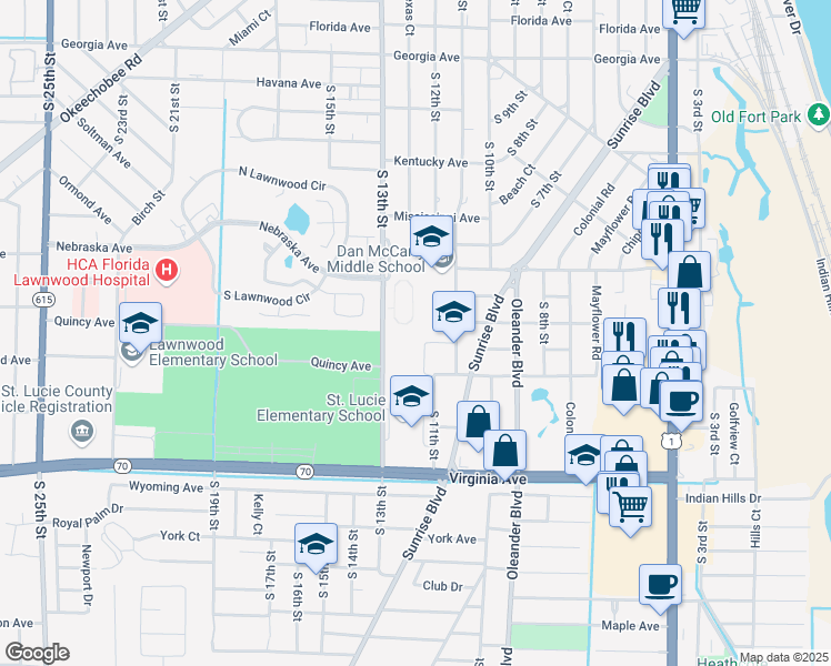 map of restaurants, bars, coffee shops, grocery stores, and more near 1201 Mississippi Avenue in Fort Pierce