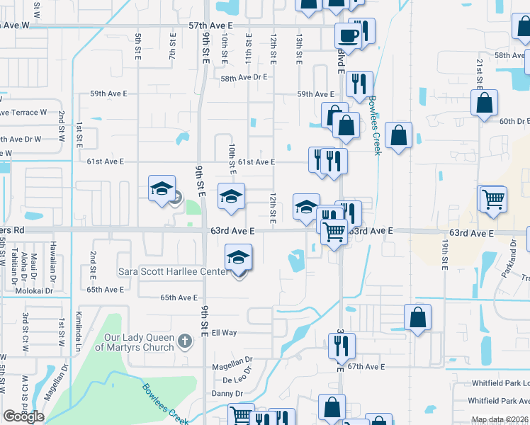 map of restaurants, bars, coffee shops, grocery stores, and more near 1123 62nd Avenue Drive East in Bradenton
