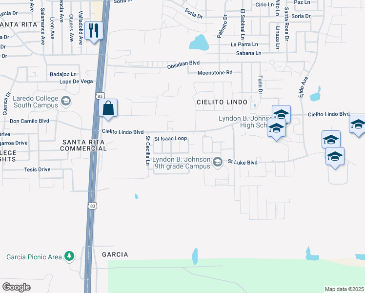 map of restaurants, bars, coffee shops, grocery stores, and more near 3066 Saint Pius Lane in Laredo
