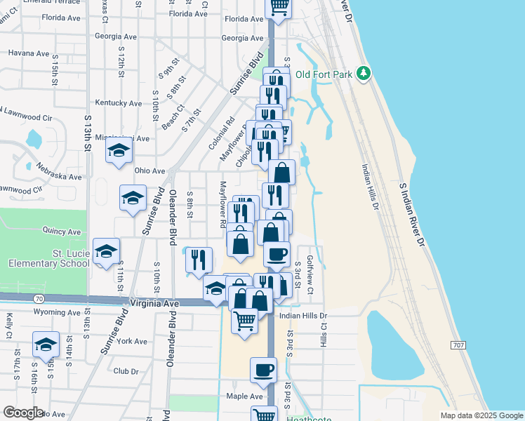 map of restaurants, bars, coffee shops, grocery stores, and more near 1801 South US Highway 1 in Fort Pierce