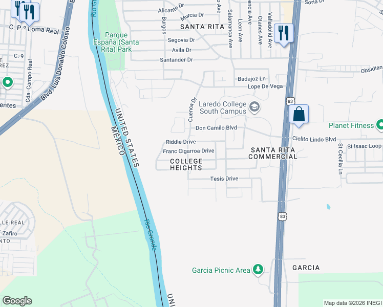 map of restaurants, bars, coffee shops, grocery stores, and more near 1503 Franc Cigarroa Drive in Laredo