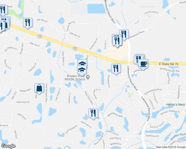 map of restaurants, bars, coffee shops, grocery stores, and more near 6125 River Club Boulevard in Bradenton