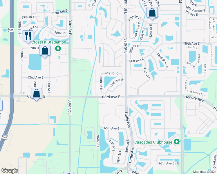 map of restaurants, bars, coffee shops, grocery stores, and more near 3635 62nd Avenue East in Bradenton