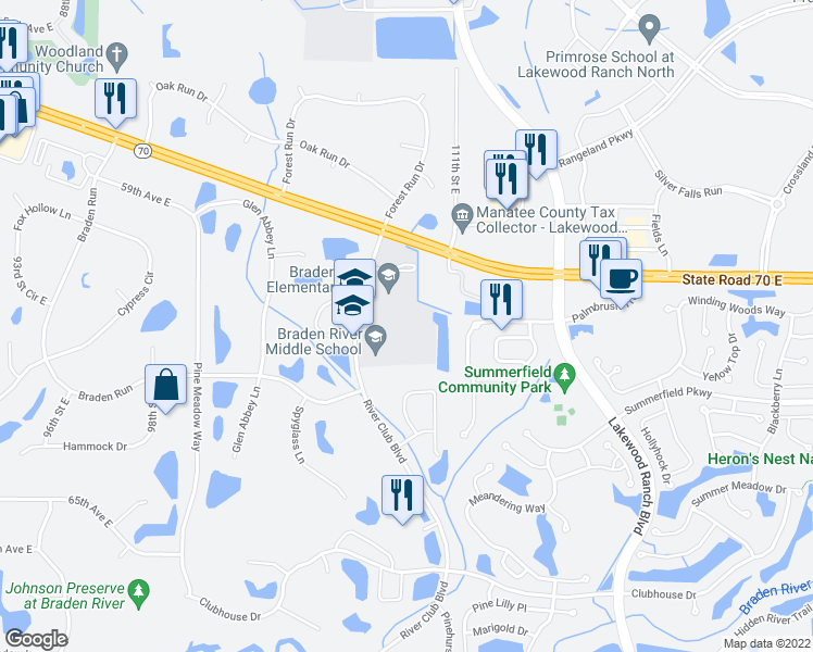 map of restaurants, bars, coffee shops, grocery stores, and more near 6215 River Club Boulevard in Bradenton