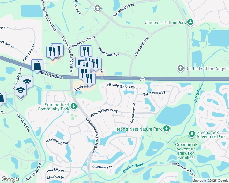 map of restaurants, bars, coffee shops, grocery stores, and more near 6219 Blueflower Court in Lakewood Ranch