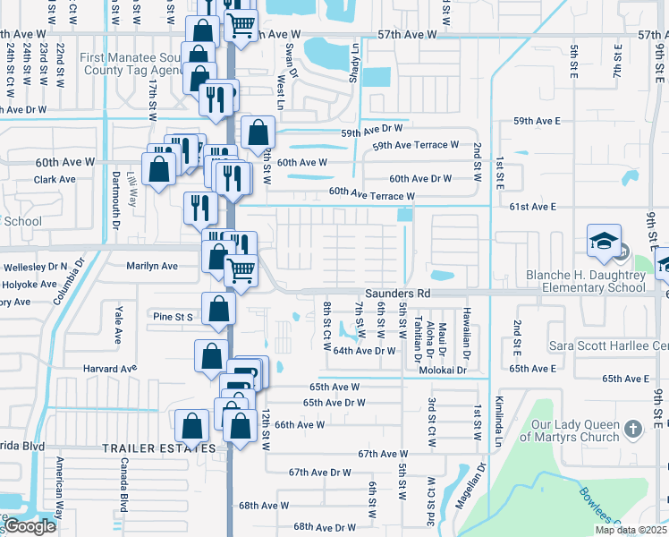 map of restaurants, bars, coffee shops, grocery stores, and more near 12H H Avenue in Bradenton
