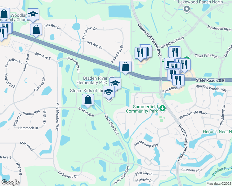 map of restaurants, bars, coffee shops, grocery stores, and more near 6215 River Club Boulevard in Bradenton