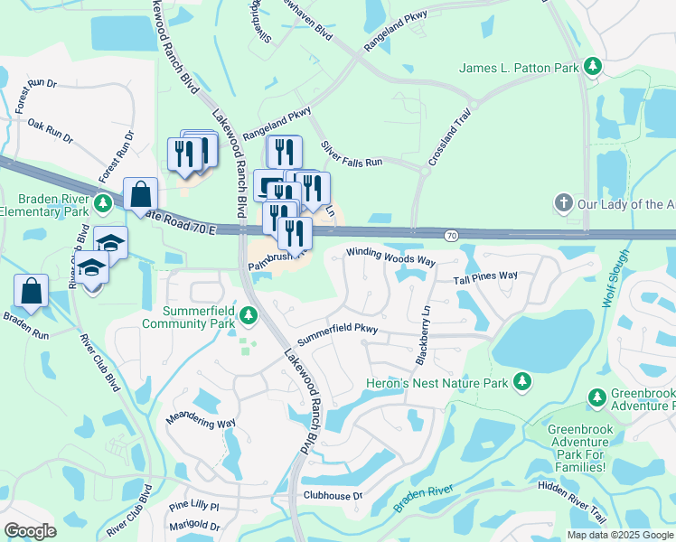 map of restaurants, bars, coffee shops, grocery stores, and more near 12026 Winding Woods Way in Lakewood Ranch