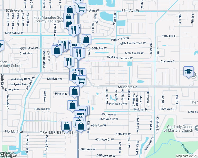 map of restaurants, bars, coffee shops, grocery stores, and more near 11 V Avenue in Bradenton