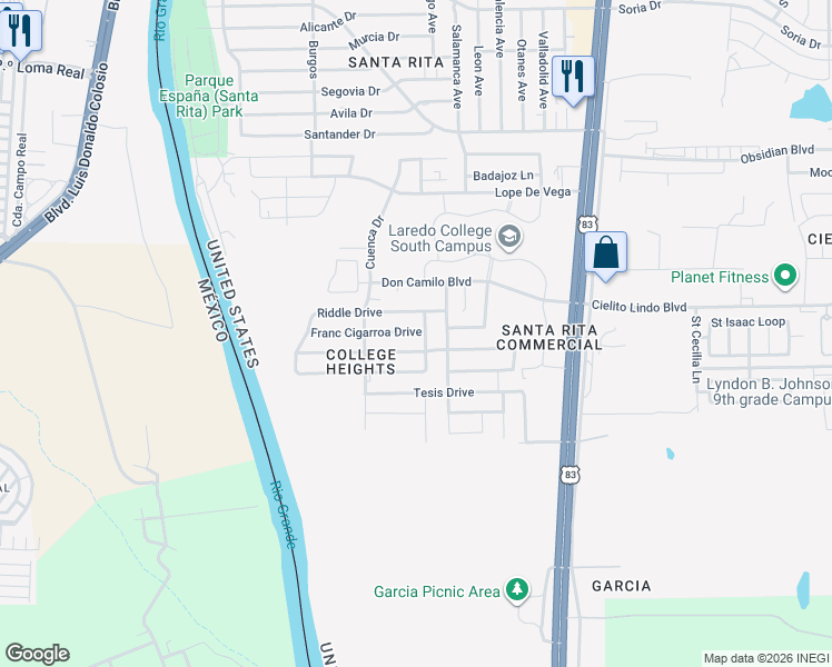 map of restaurants, bars, coffee shops, grocery stores, and more near 1525 Franc Cigarroa Drive in Laredo