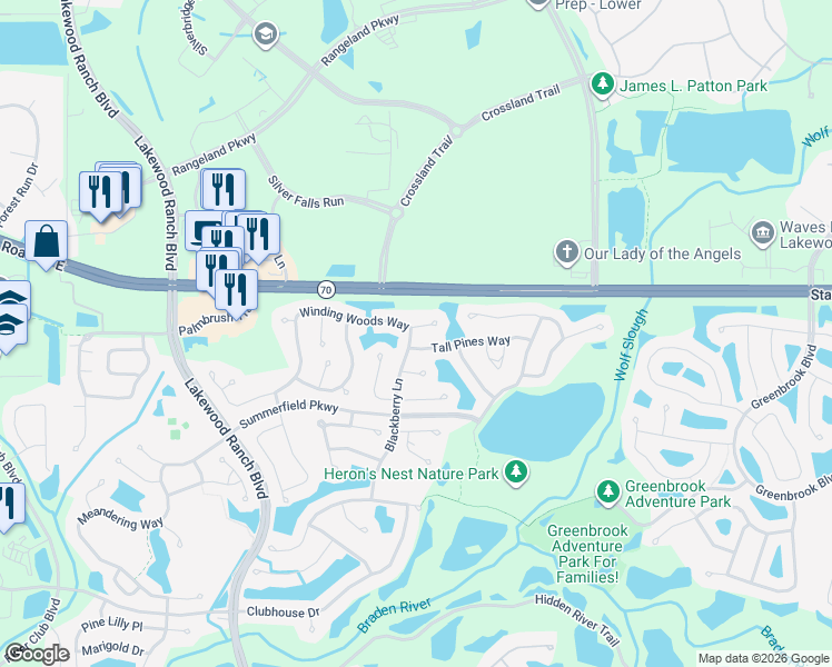 map of restaurants, bars, coffee shops, grocery stores, and more near 12306 Winding Woods Way in Lakewood Ranch
