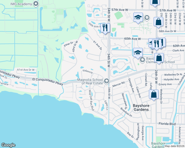 map of restaurants, bars, coffee shops, grocery stores, and more near 245 Valencia in Bradenton