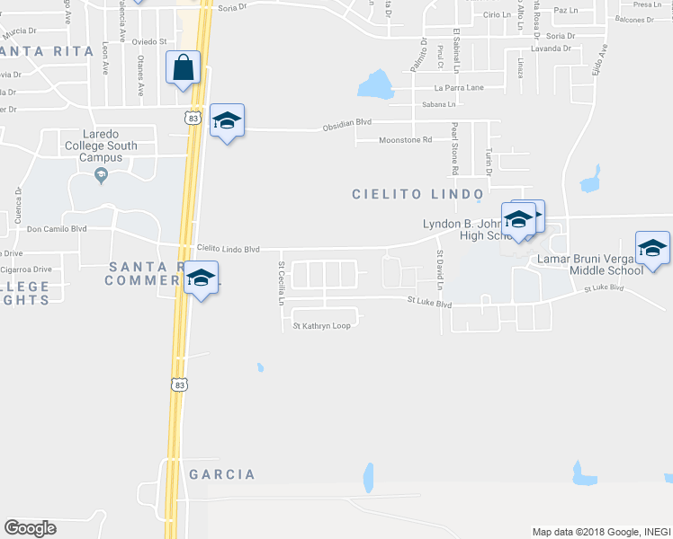 map of restaurants, bars, coffee shops, grocery stores, and more near 3066 Saint Pius Lane in Laredo