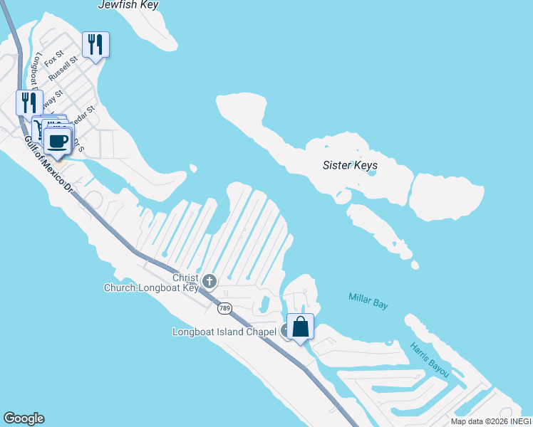 map of restaurants, bars, coffee shops, grocery stores, and more near 795 Marbury Lane in Longboat Key