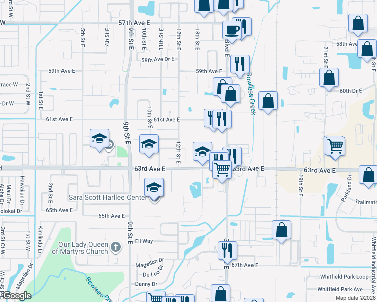 map of restaurants, bars, coffee shops, grocery stores, and more near 6207 12th Street Court East in Bradenton