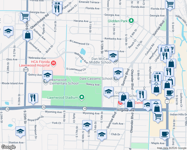 map of restaurants, bars, coffee shops, grocery stores, and more near 1331 Peppertree Trail in Fort Pierce