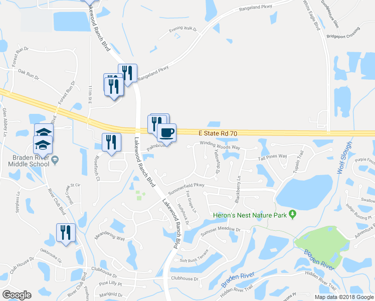 map of restaurants, bars, coffee shops, grocery stores, and more near 11810 Acorn Woods Terrace in Bradenton