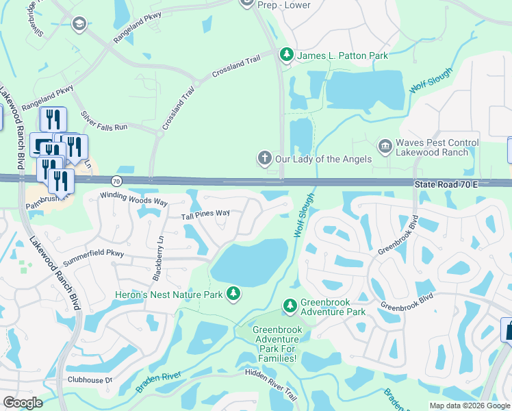 map of restaurants, bars, coffee shops, grocery stores, and more near 12909 Nightshade Place in Lakewood Ranch