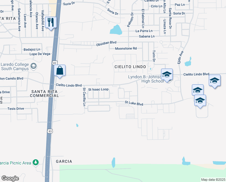 map of restaurants, bars, coffee shops, grocery stores, and more near 5601 Saint Isidore Lane in Laredo