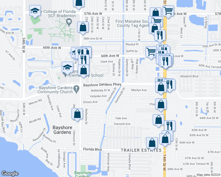 map of restaurants, bars, coffee shops, grocery stores, and more near 2119 Wellesley Drive North in Bradenton