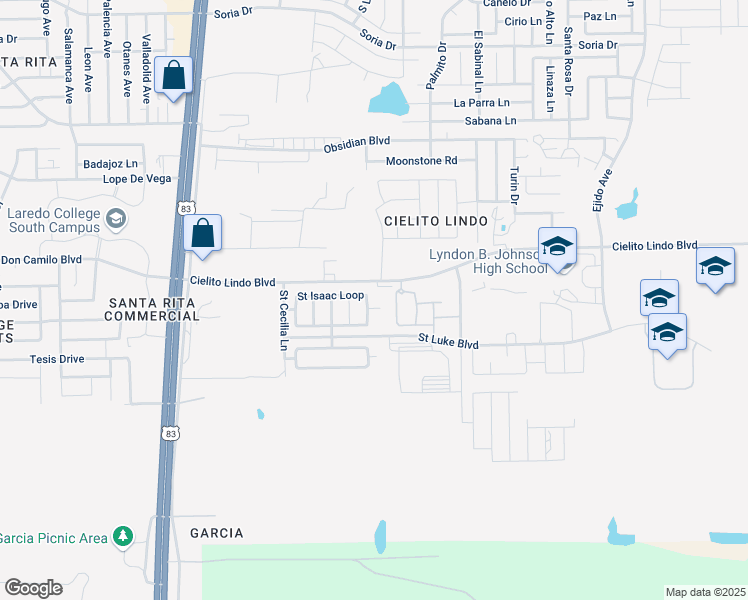 map of restaurants, bars, coffee shops, grocery stores, and more near 5601 Saint Isidore Lane in Laredo