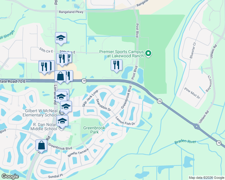 map of restaurants, bars, coffee shops, grocery stores, and more near 15219 Skip Jack Loop in Lakewood Ranch
