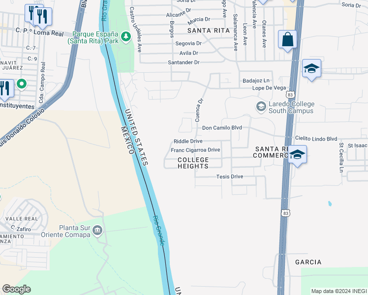 map of restaurants, bars, coffee shops, grocery stores, and more near 1428 Franc Cigarroa Drive in Laredo