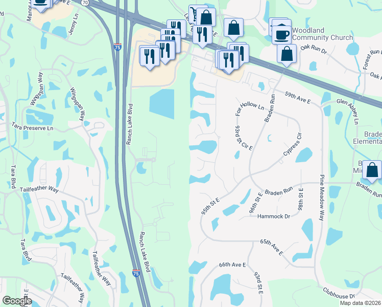 map of restaurants, bars, coffee shops, grocery stores, and more near 9003 63rd Avenue East in Bradenton