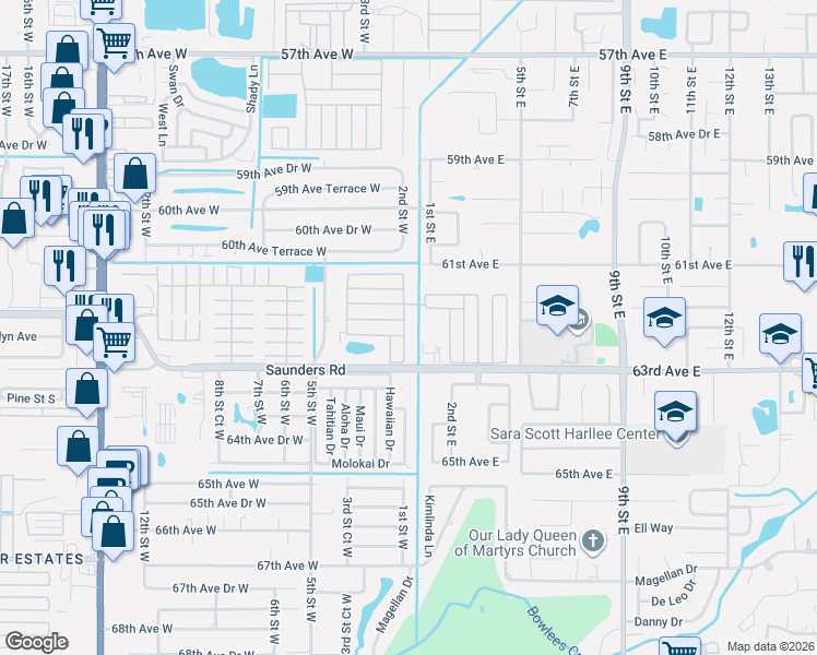 map of restaurants, bars, coffee shops, grocery stores, and more near 31 Harvest Street in Bradenton
