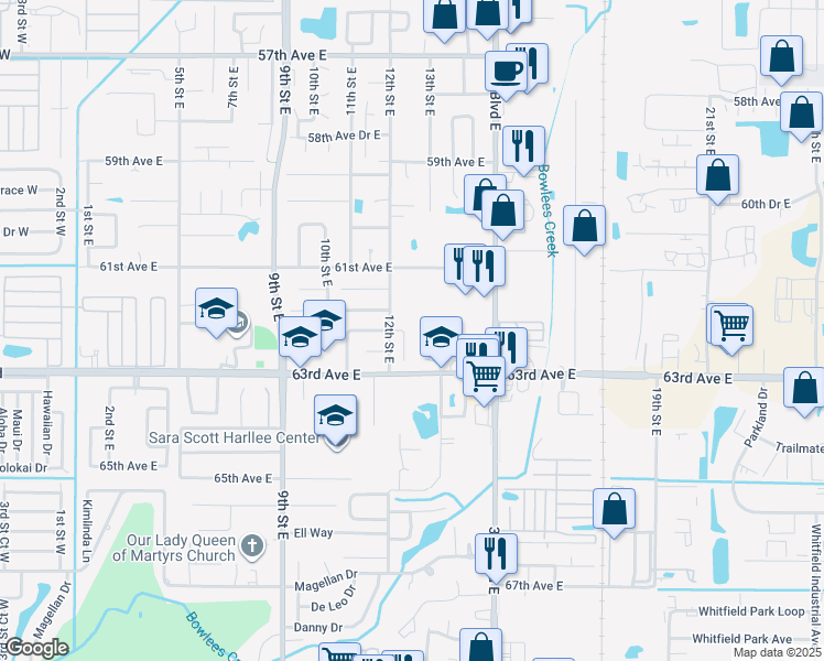 map of restaurants, bars, coffee shops, grocery stores, and more near 6207 12th Street Court East in Bradenton