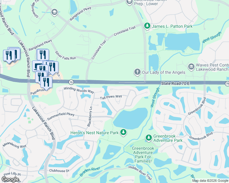 map of restaurants, bars, coffee shops, grocery stores, and more near 12529 Tall Pines Way in Lakewood Ranch