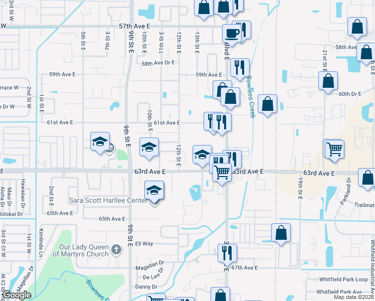 map of restaurants, bars, coffee shops, grocery stores, and more near 6207 12th Street Court East in Bradenton