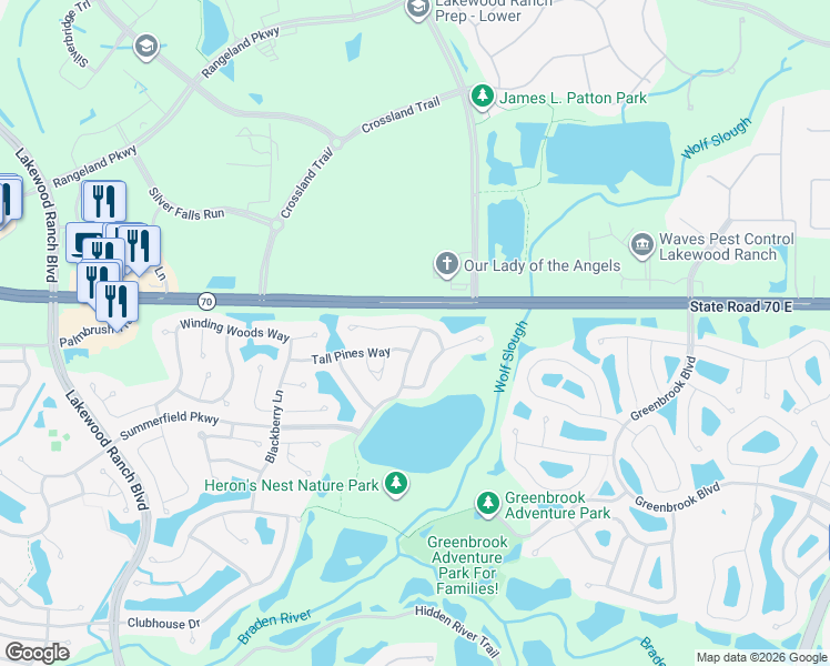 map of restaurants, bars, coffee shops, grocery stores, and more near 6208 Tupelo Trail in Lakewood Ranch
