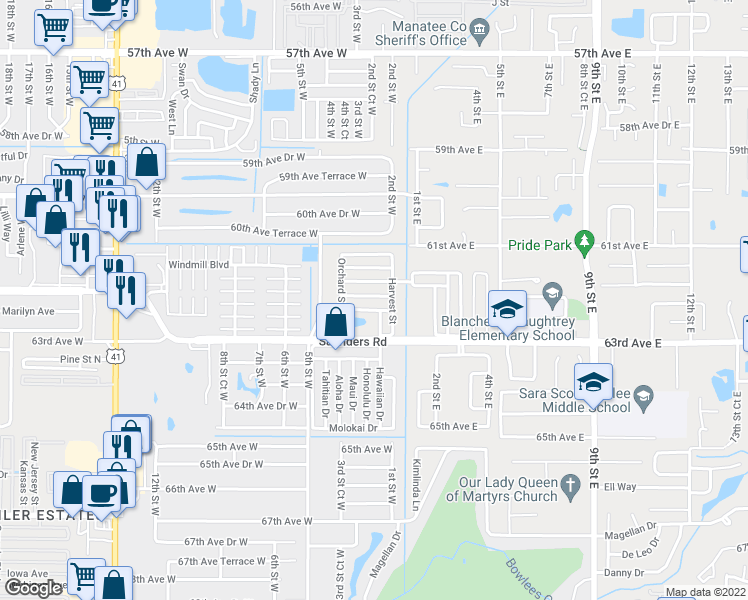 map of restaurants, bars, coffee shops, grocery stores, and more near 9 Apple Avenue in Bradenton