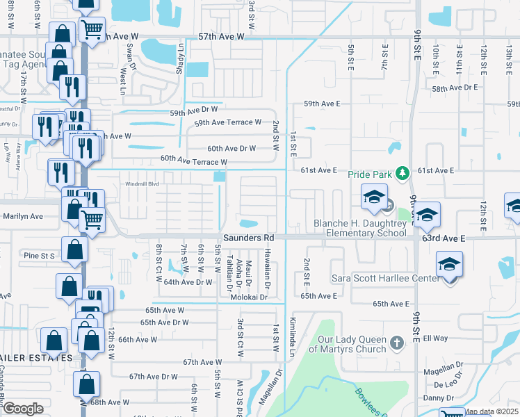 map of restaurants, bars, coffee shops, grocery stores, and more near 9 Apple Avenue in Bradenton