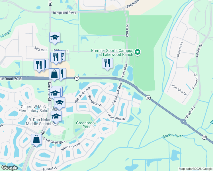 map of restaurants, bars, coffee shops, grocery stores, and more near 15219 Skip Jack Loop in Lakewood Ranch