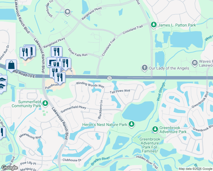 map of restaurants, bars, coffee shops, grocery stores, and more near 12119 Winding Woods Way in Bradenton