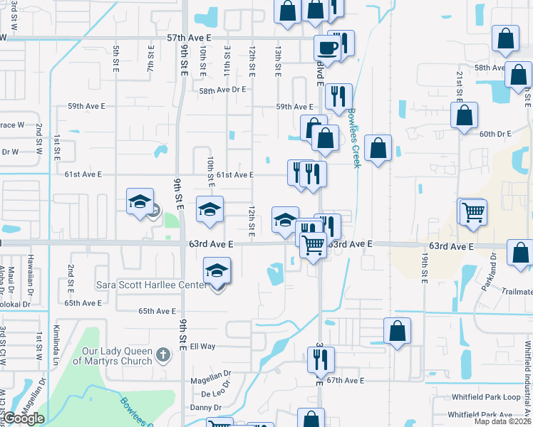 map of restaurants, bars, coffee shops, grocery stores, and more near 1211 62nd Avenue East in Bradenton